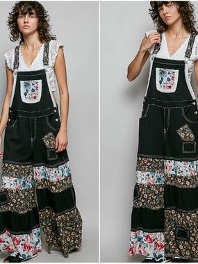 POL Floral Print Light Wash Wide Leg bib Overalls